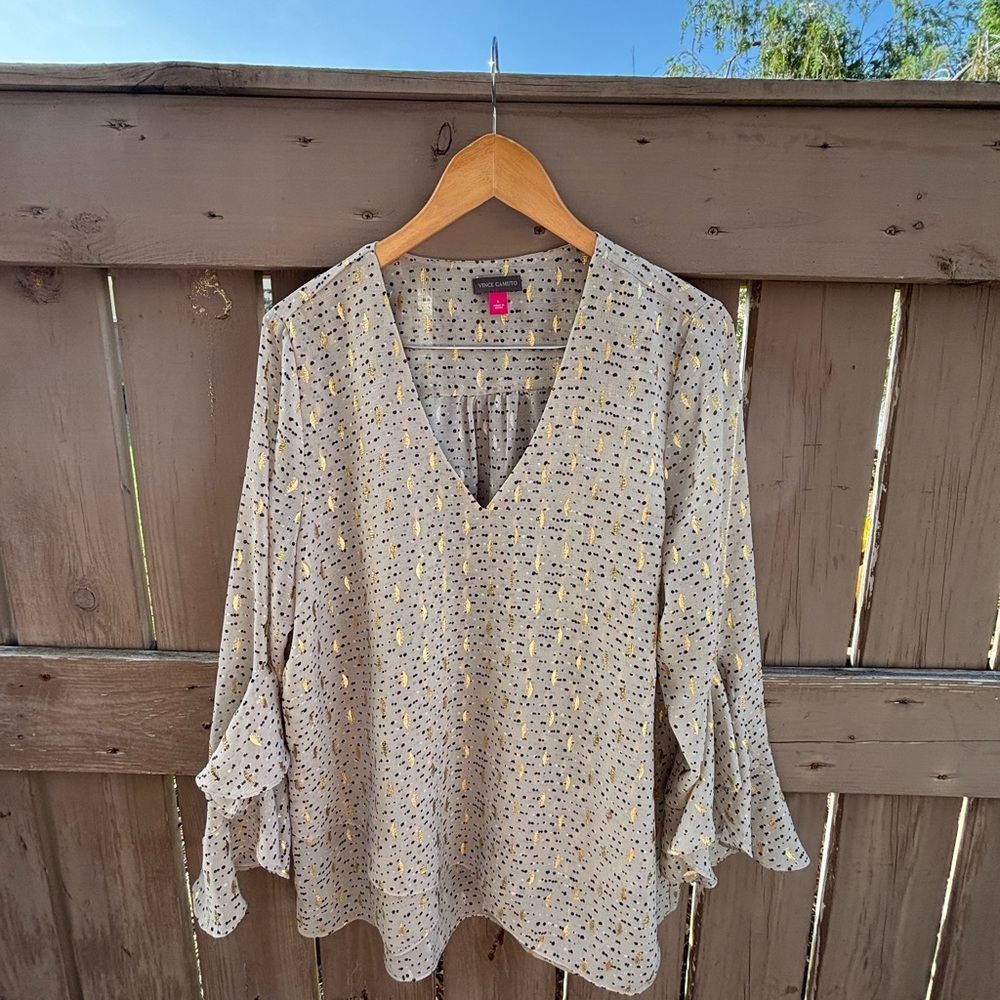 Vince Camuto Beige Blouse with Yellow & Black Dot Print